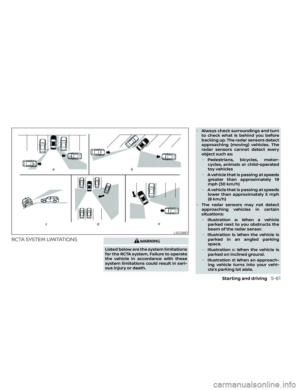 NISSAN LEAF 2023 Owners Manual RCTA SYSTEM LIMITATIONSWARNING
Listed below are the system limitations
for the RCTA system. Failure to operate
the vehicle in accordance with these
system limitations could result in seri-
ous injury NISSAN LEAF 2023 Owners Manual RCTA SYSTEM LIMITATIONSWARNING
Listed below are the system limitations
for the RCTA system. Failure to operate
the vehicle in accordance with these
system limitations could result in seri-
ous injury