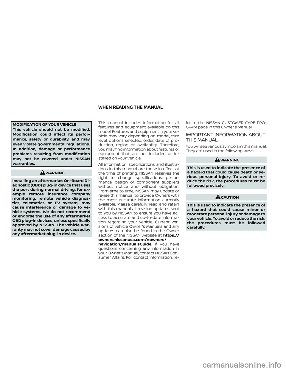 NISSAN LEAF 2023  Owners Manual MODIFICATION OF YOUR VEHICLE
This vehicle should not be modified.
Modification could affect its perfor-
mance, safety or durability, and may
even violate governmental regulations.
In addition, damage 