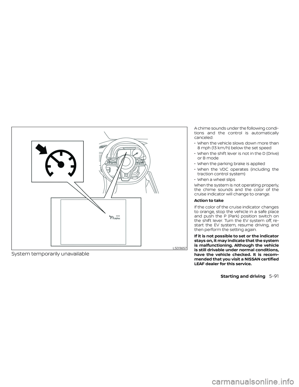 NISSAN LEAF 2023  Owners Manual System temporarily unavailable
A chime sounds under the following condi-
tions and the control is automatically
canceled:
• When the vehicle slows down more than8 mph (13 km/h) below the set speed
