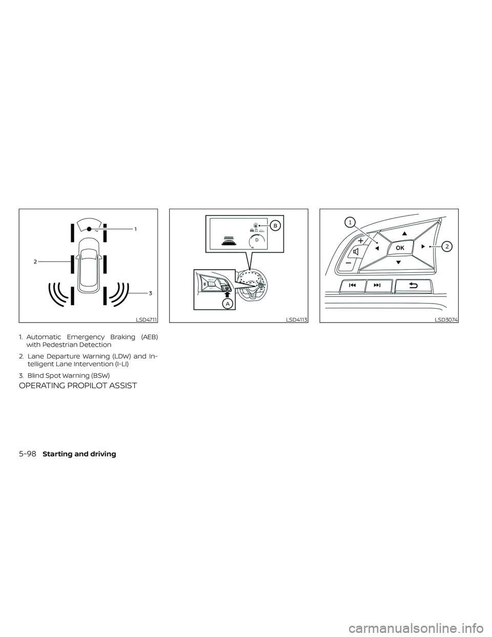 NISSAN LEAF 2023  Owners Manual OPERATING PROPILOT ASSIST
LSD4711
1. Automatic Emergency Braking (AEB)with Pedestrian Detection
2. Lane Departure Warning (LDW) and In- telligent Lane Intervention (I-LI)
3. Blind Spot Warning (BSW)
L