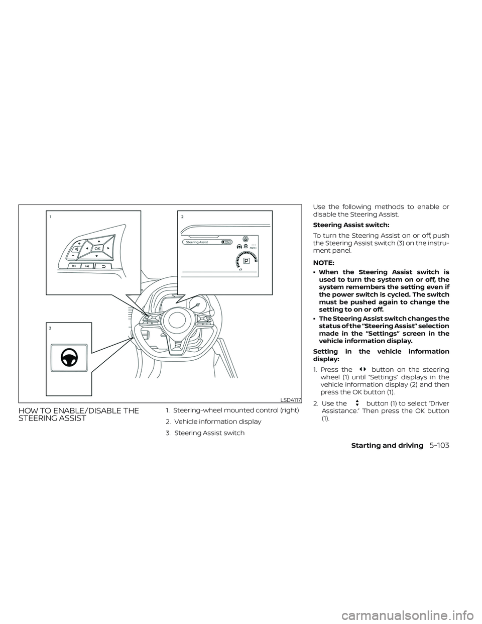 NISSAN LEAF 2023  Owners Manual HOW TO ENABLE/DISABLE THE
STEERING ASSIST1. Steering-wheel mounted control (right)
2. Vehicle information display
3. Steering Assist switchUse the following methods to enable or
disable the Steering A