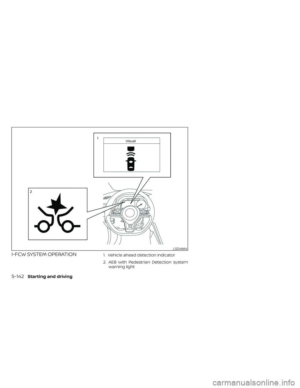 NISSAN LEAF 2023 Owners Manual I-FCW SYSTEM OPERATION1. Vehicle ahead detection indicator
2. AEB with Pedestrian Detection systemwarning light
LSD4664
5-142Starting and driving NISSAN LEAF 2023 Owners Manual I-FCW SYSTEM OPERATION1. Vehicle ahead detection indicator
2. AEB with Pedestrian Detection systemwarning light
LSD4664
5-142Starting and driving