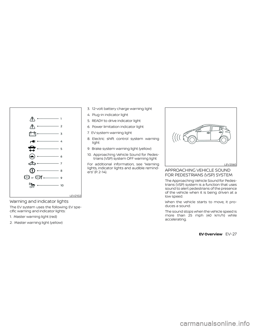 NISSAN LEAF 2023  Owners Manual Warning and indicator lights
The EV system uses the following EV spe-
cific warning and indicator lights:
1. Master warning light (red)
2. Master warning light (yellow)3. 12-volt battery charge warnin