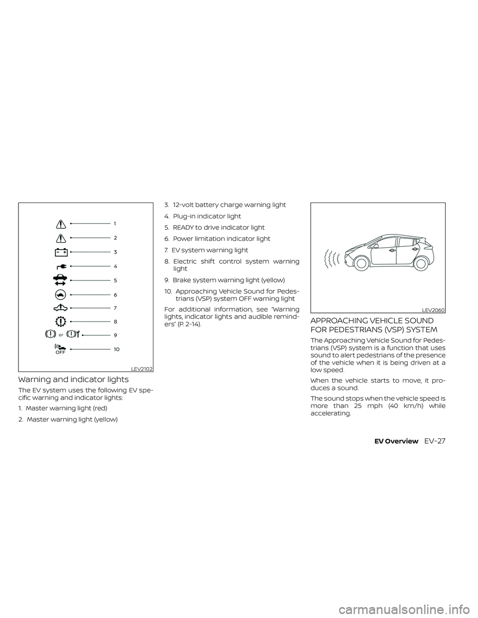 NISSAN LEAF 2023 Service Manual Warning and indicator lights
The EV system uses the following EV spe-
cific warning and indicator lights:
1. Master warning light (red)
2. Master warning light (yellow)3. 12-volt battery charge warnin