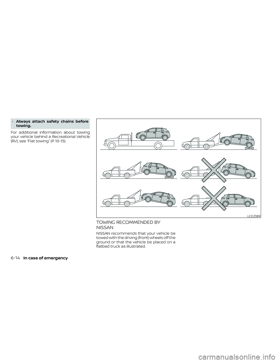 NISSAN LEAF 2023 Owners Manual •Always attach safety chains before
towing.
For additional information about towing
your vehicle behind a Recreational Vehicle
(RV), see “Flat towing” (P. 10-15).
TOWING RECOMMENDED BY
NISSAN
NI NISSAN LEAF 2023 Owners Manual •Always attach safety chains before
towing.
For additional information about towing
your vehicle behind a Recreational Vehicle
(RV), see “Flat towing” (P. 10-15).
TOWING RECOMMENDED BY
NISSAN
NI