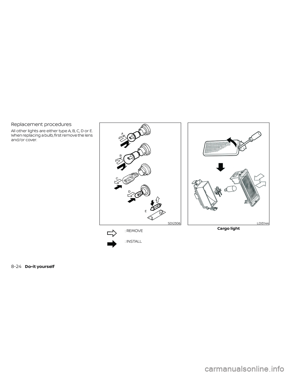 NISSAN LEAF 2023 Owners Manual Replacement procedures
All other lights are either type A, B, C, D or E.
When replacing a bulb, first remove the lens
and/or cover.
: REMOVE
: INSTALL
SDI2306LDI3144
Cargo light
8-24Do-it yourself NISSAN LEAF 2023 Owners Manual Replacement procedures
All other lights are either type A, B, C, D or E.
When replacing a bulb, first remove the lens
and/or cover.
: REMOVE
: INSTALL
SDI2306LDI3144
Cargo light
8-24Do-it yourself