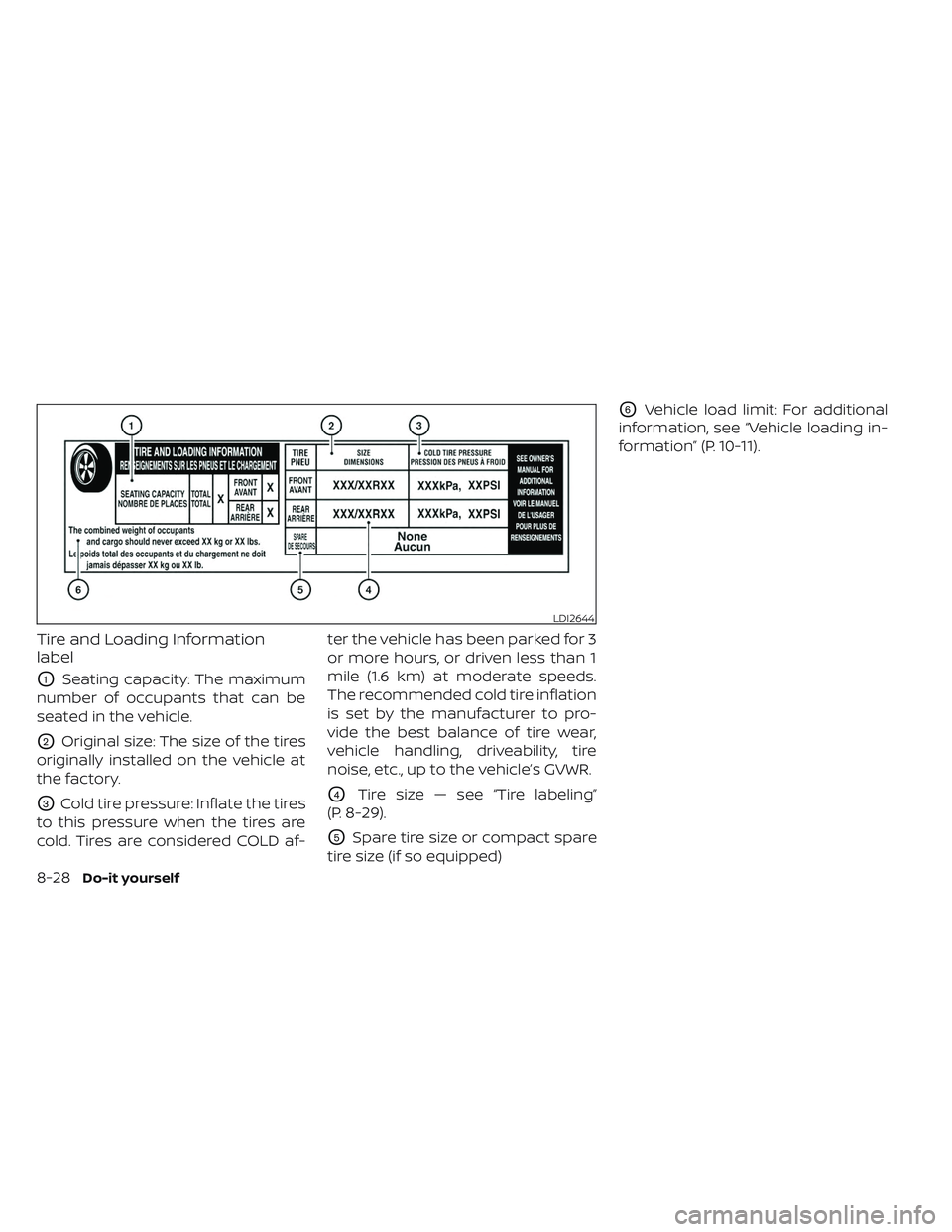 NISSAN LEAF 2023 Owners Manual Tire and Loading Information
label
O1Seating capacity: The maximum
number of occupants that can be
seated in the vehicle.
O2Original size: The size of the tires
originally installed on the vehicle at
NISSAN LEAF 2023 Owners Manual Tire and Loading Information
label
O1Seating capacity: The maximum
number of occupants that can be
seated in the vehicle.
O2Original size: The size of the tires
originally installed on the vehicle at