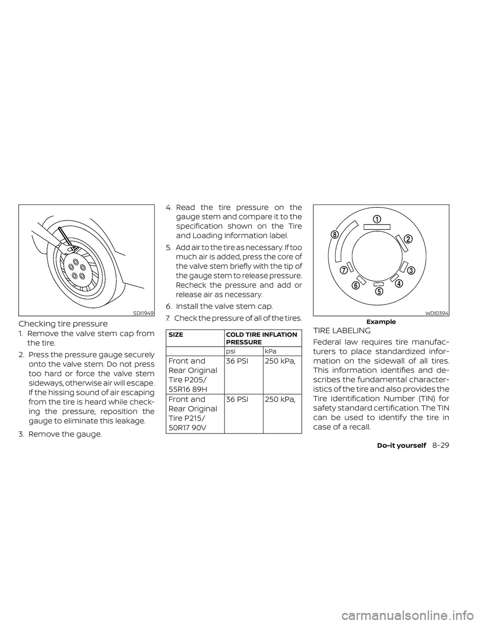 NISSAN LEAF 2023 Owners Manual Checking tire pressure
1. Remove the valve stem cap fromthe tire.
2.
Press the pressure gauge securely
onto the valve stem. Do not press
too hard or force the valve stem
sideways, otherwise air will e NISSAN LEAF 2023 Owners Manual Checking tire pressure
1. Remove the valve stem cap fromthe tire.
2.
Press the pressure gauge securely
onto the valve stem. Do not press
too hard or force the valve stem
sideways, otherwise air will e