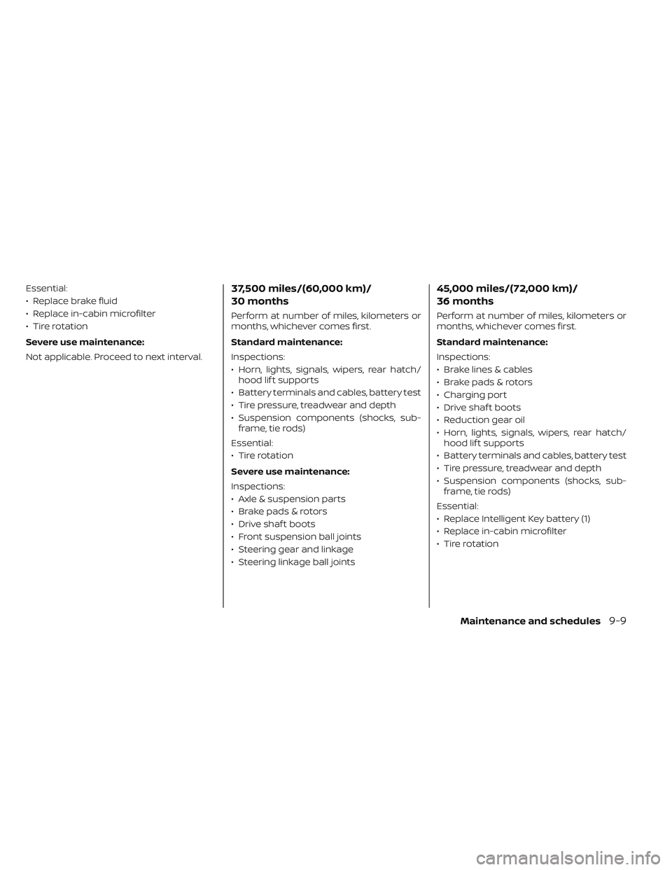 NISSAN LEAF 2023  Owners Manual Essential:
• Replace brake fluid
• Replace in-cabin microfilter
• Tire rotation
Severe use maintenance:
Not applicable. Proceed to next interval.37,500 miles/(60,000 km)/
30 months
Perform at nu