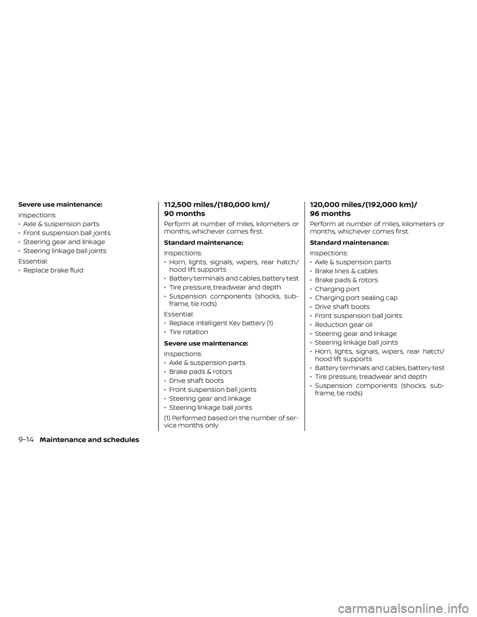 NISSAN LEAF 2023  Owners Manual Severe use maintenance:
Inspections:
• Axle & suspension parts
• Front suspension ball joints
• Steering gear and linkage
• Steering linkage ball joints
Essential:
• Replace brake fluid112,5