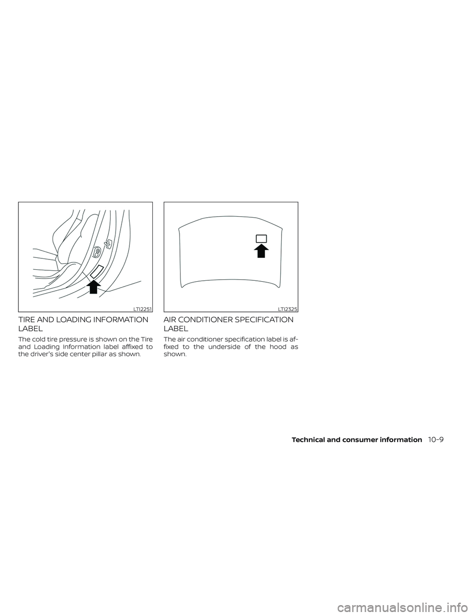 NISSAN LEAF 2023 Owners Manual TIRE AND LOADING INFORMATION
LABEL
The cold tire pressure is shown on the Tire
and Loading Information label affixed to
the driver's side center pillar as shown.
AIR CONDITIONER SPECIFICATION
LABE NISSAN LEAF 2023 Owners Manual TIRE AND LOADING INFORMATION
LABEL
The cold tire pressure is shown on the Tire
and Loading Information label affixed to
the driver's side center pillar as shown.
AIR CONDITIONER SPECIFICATION
LABE