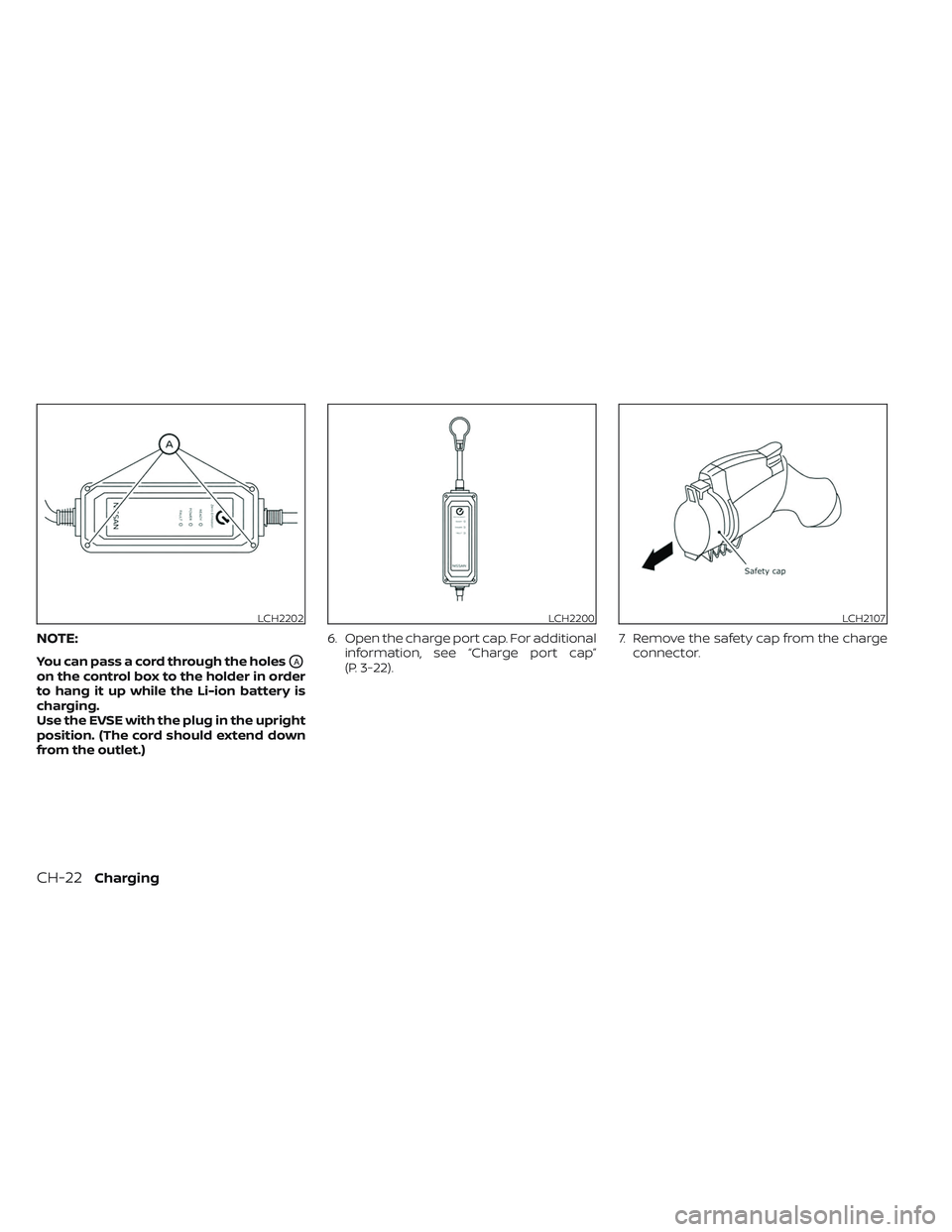 NISSAN LEAF 2023 Manual PDF NOTE:
You can pass a cord through the holesOA
on the control box to the holder in order
to hang it up while the Li-ion battery is
charging.
Use the EVSE with the plug in the upright
position. (The cor