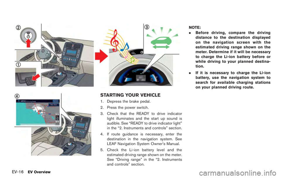 NISSAN LEAF 2012 Owners Guide speed driving you may feel that regenerative
brake provides less deceleration than the engine
braking in an ordinary vehicle. This is normal.
Less deceleration is provided by the regenera-
tive brake NISSAN LEAF 2012 Owners Guide speed driving you may feel that regenerative
brake provides less deceleration than the engine
braking in an ordinary vehicle. This is normal.
Less deceleration is provided by the regenera-
tive brake