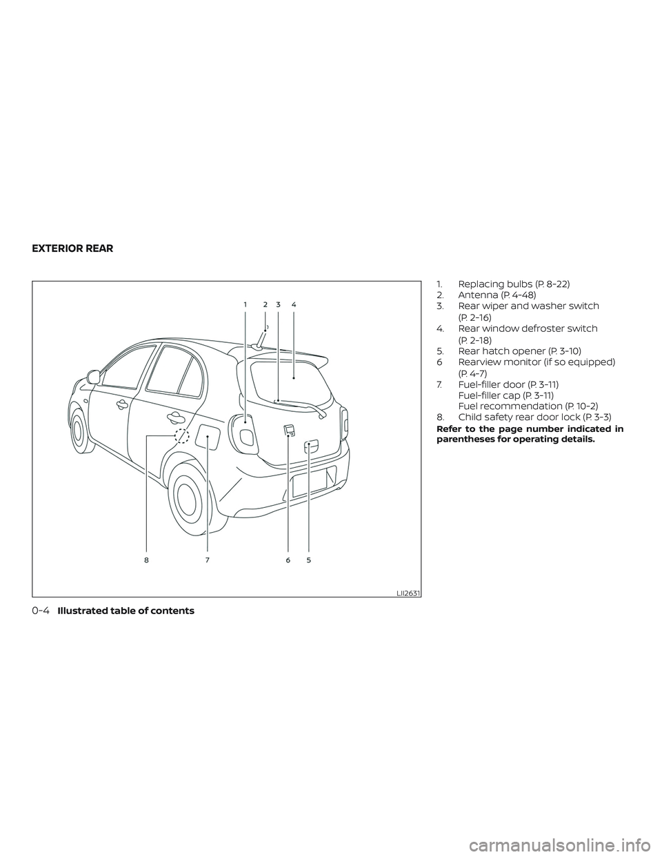 NISSAN MICRA 2023 User Guide 1. Replacing bulbs (P. 8-22)
2. Antenna (P. 4-48)
3. Rear wiper and washer switch(P. 2-16)
4. Rear window defroster switch
(P. 2-18)
5. Rear hatch opener (P. 3-10)
6 Rearview monitor (if so equipped)
NISSAN MICRA 2023 User Guide 1. Replacing bulbs (P. 8-22)
2. Antenna (P. 4-48)
3. Rear wiper and washer switch(P. 2-16)
4. Rear window defroster switch
(P. 2-18)
5. Rear hatch opener (P. 3-10)
6 Rearview monitor (if so equipped)