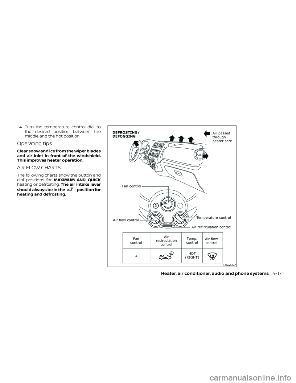 NISSAN MICRA 2023  Owners Manual 4. Turn the temperature control dial tothe desired position between the
middle and the hot position.
Operating tips
Clear snow and ice from the wiper blades
and air inlet in front of the windshield.
T