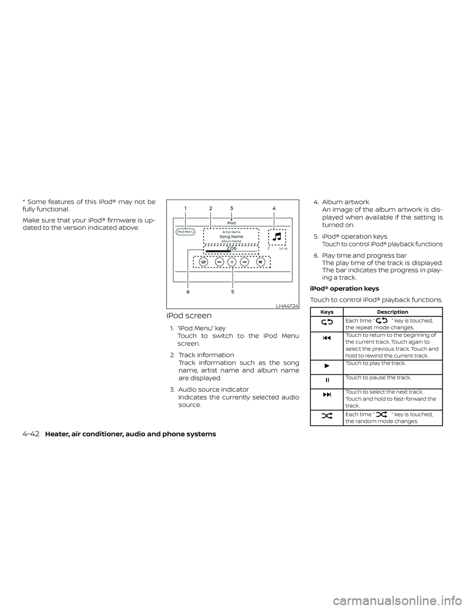 NISSAN MICRA 2023  Owners Manual * Some features of this iPod® may not be
fully functional.
Make sure that your iPod® firmware is up-
dated to the version indicated above.
iPod screen
1. “iPod Menu” keyTouch to switch to the iP