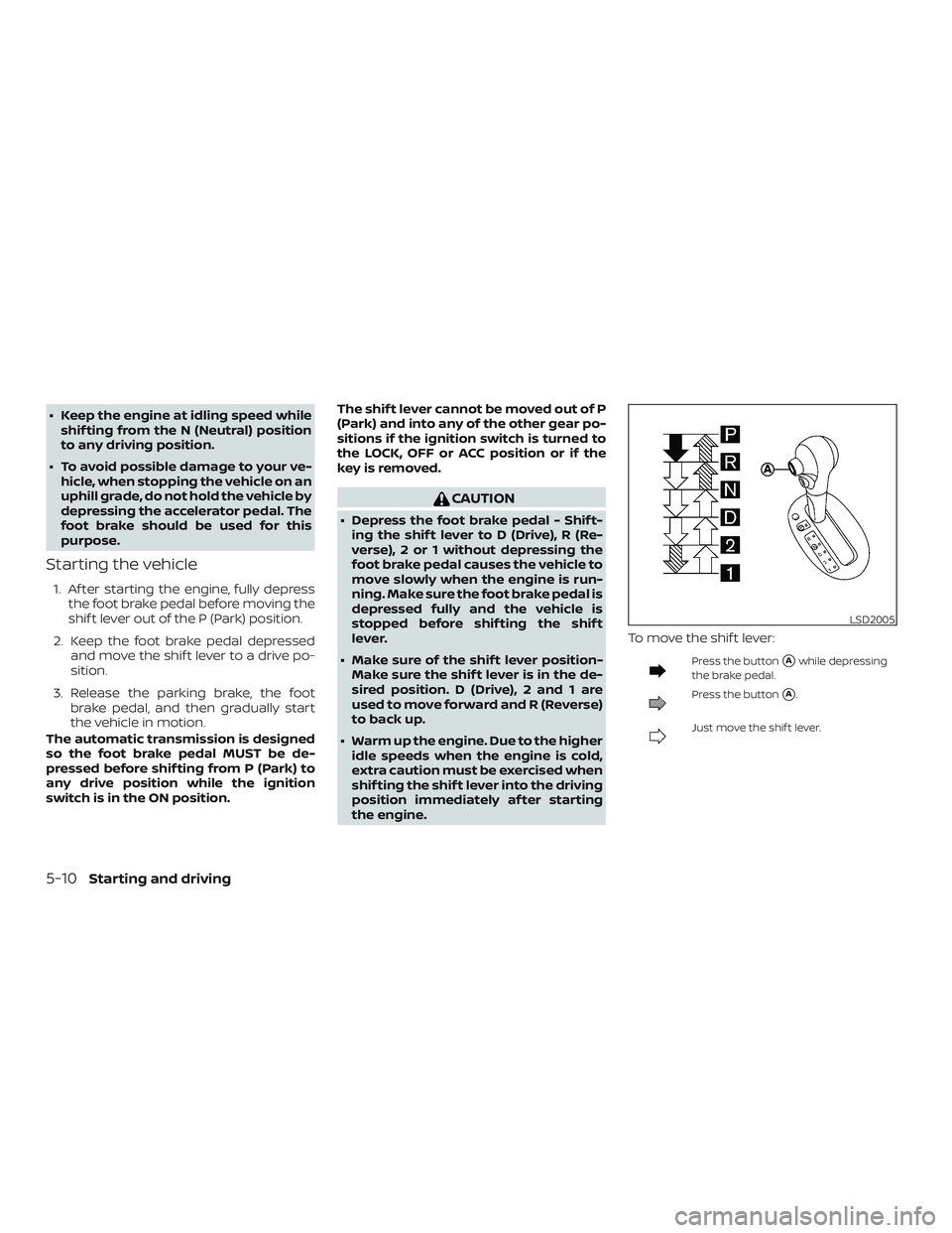 NISSAN MICRA 2023 Owners Manual ∙ Keep the engine at idling speed whileshif ting from the N (Neutral) position
to any driving position.
∙ To avoid possible damage to your ve- hicle, when stopping the vehicle on an
uphill grade, NISSAN MICRA 2023 Owners Manual ∙ Keep the engine at idling speed whileshif ting from the N (Neutral) position
to any driving position.
∙ To avoid possible damage to your ve- hicle, when stopping the vehicle on an
uphill grade,