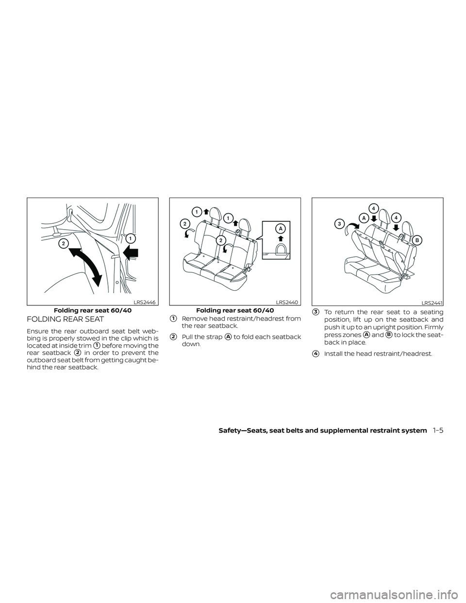 NISSAN MICRA 2023 Owners Manual FOLDING REAR SEAT
Ensure the rear outboard seat belt web-
bing is properly stowed in the clip which is
located at inside trim
1before moving the
rear seatback
2in order to prevent the
outboard seat 