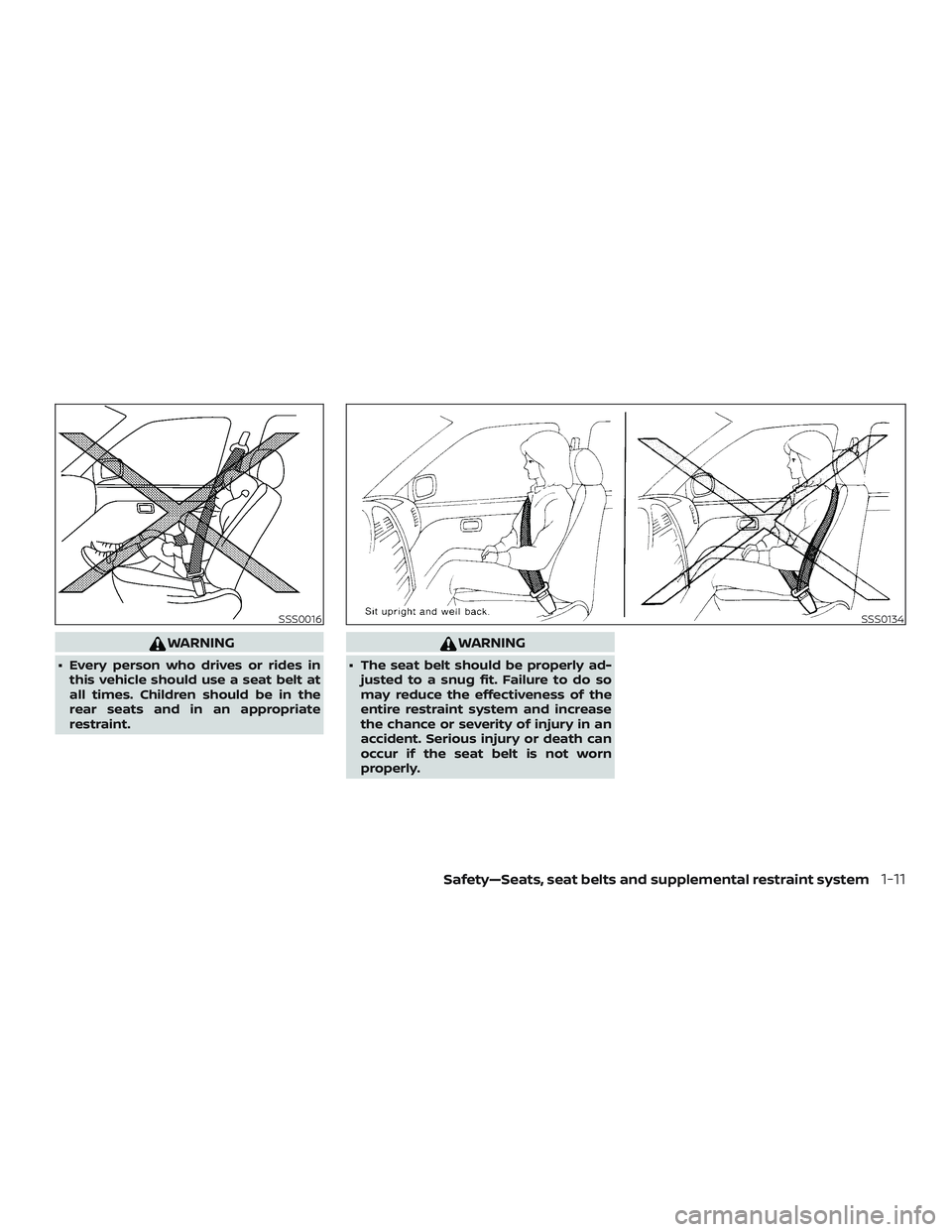 NISSAN MICRA 2023 Owners Manual WARNING
∙ Every person who drives or rides inthis vehicle should use a seat belt at
all times. Children should be in the
rear seats and in an appropriate
restraint.
WARNING
∙ The seat belt should 