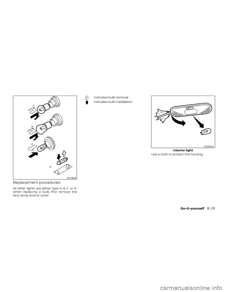 NISSAN MICRA 2023  Owners Manual Replacement procedures
All other lights are either type A, B, C or D.
When replacing a bulb, first remove the
lens, lamp and/or cover.
Indicates bulb removal
Indicates bulb installationUse a cloth to 