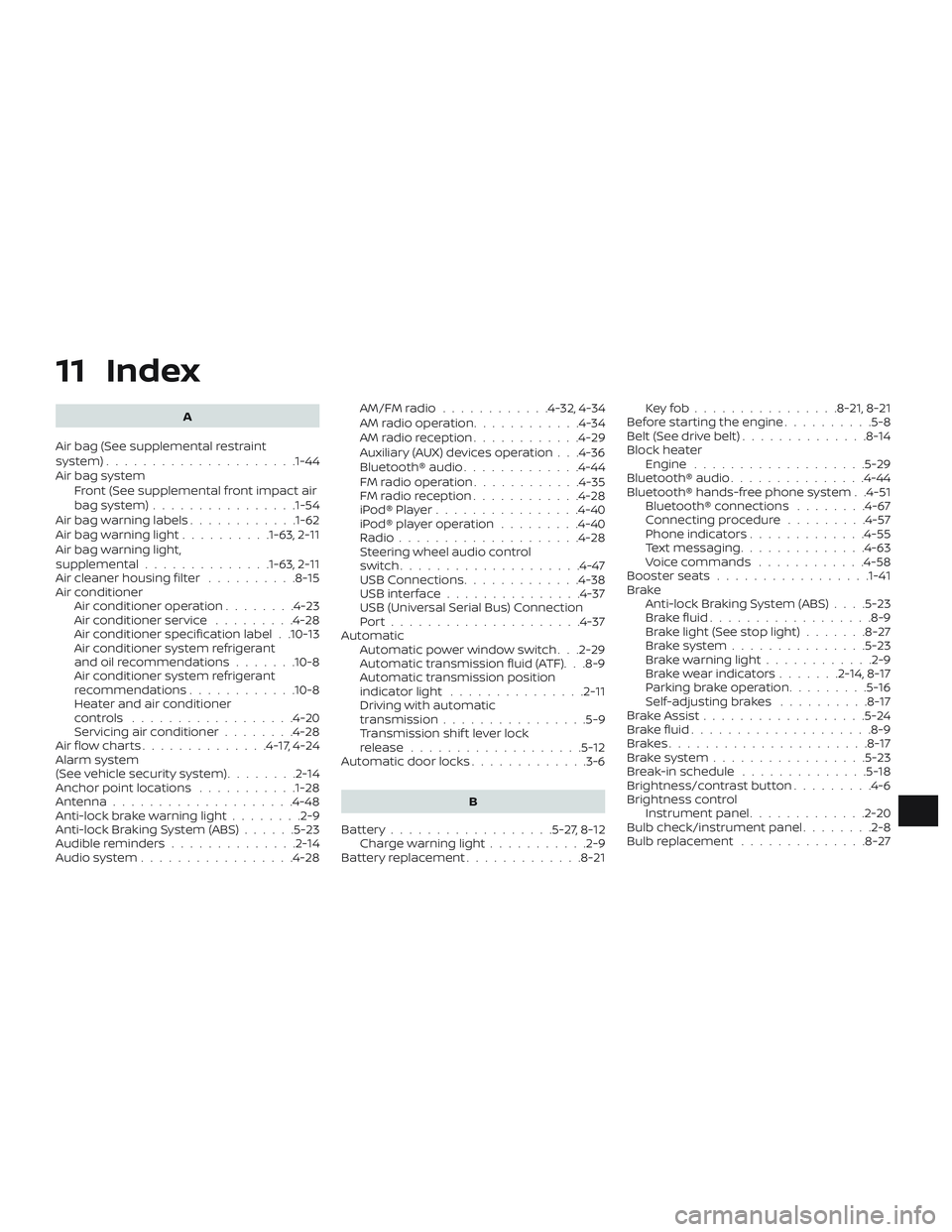 NISSAN MICRA 2023 Owners Manual 11 Index
A
Air bag (See supplemental restraint
system) .................... .1-44
Air bag system Front (See supplemental front impact air
bagsystem)............... .1-54
Air bag warning labels ....... NISSAN MICRA 2023 Owners Manual 11 Index
A
Air bag (See supplemental restraint
system) .................... .1-44
Air bag system Front (See supplemental front impact air
bagsystem)............... .1-54
Air bag warning labels .......