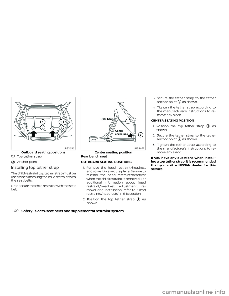 NISSAN MICRA 2023 Workshop Manual 1Top tether strap
2Anchor point
Installing top tether strap
The child restraint top tether strap must be
used when installing the child restraint with
the seat belts.
First, secure the child restrai