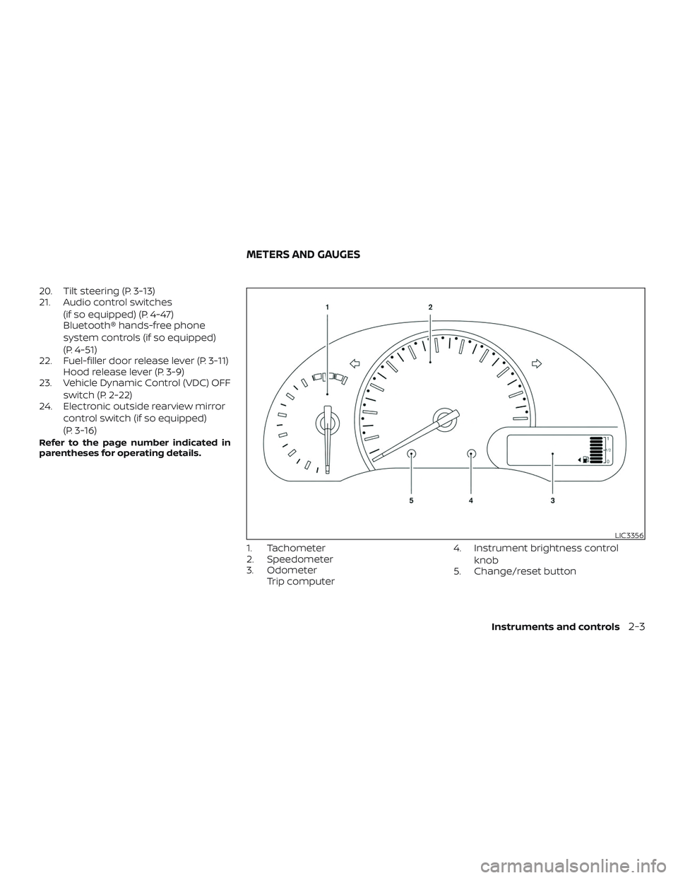 NISSAN MICRA 2023 Manual Online 20. Tilt steering (P. 3-13)
21. Audio control switches(if so equipped) (P. 4-47)
Bluetooth® hands-free phone
system controls (if so equipped)
(P. 4-51)
22. Fuel-filler door release lever (P. 3-11) Ho