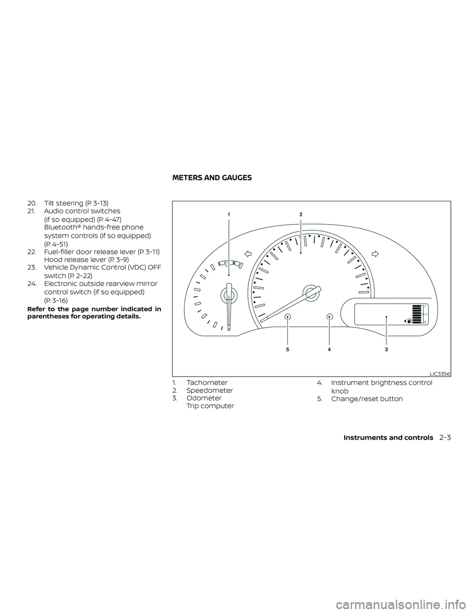 NISSAN MICRA 2023  Owners Manual 20. Tilt steering (P. 3-13)
21. Audio control switches(if so equipped) (P. 4-47)
Bluetooth® hands-free phone
system controls (if so equipped)
(P. 4-51)
22. Fuel-filler door release lever (P. 3-11) Ho