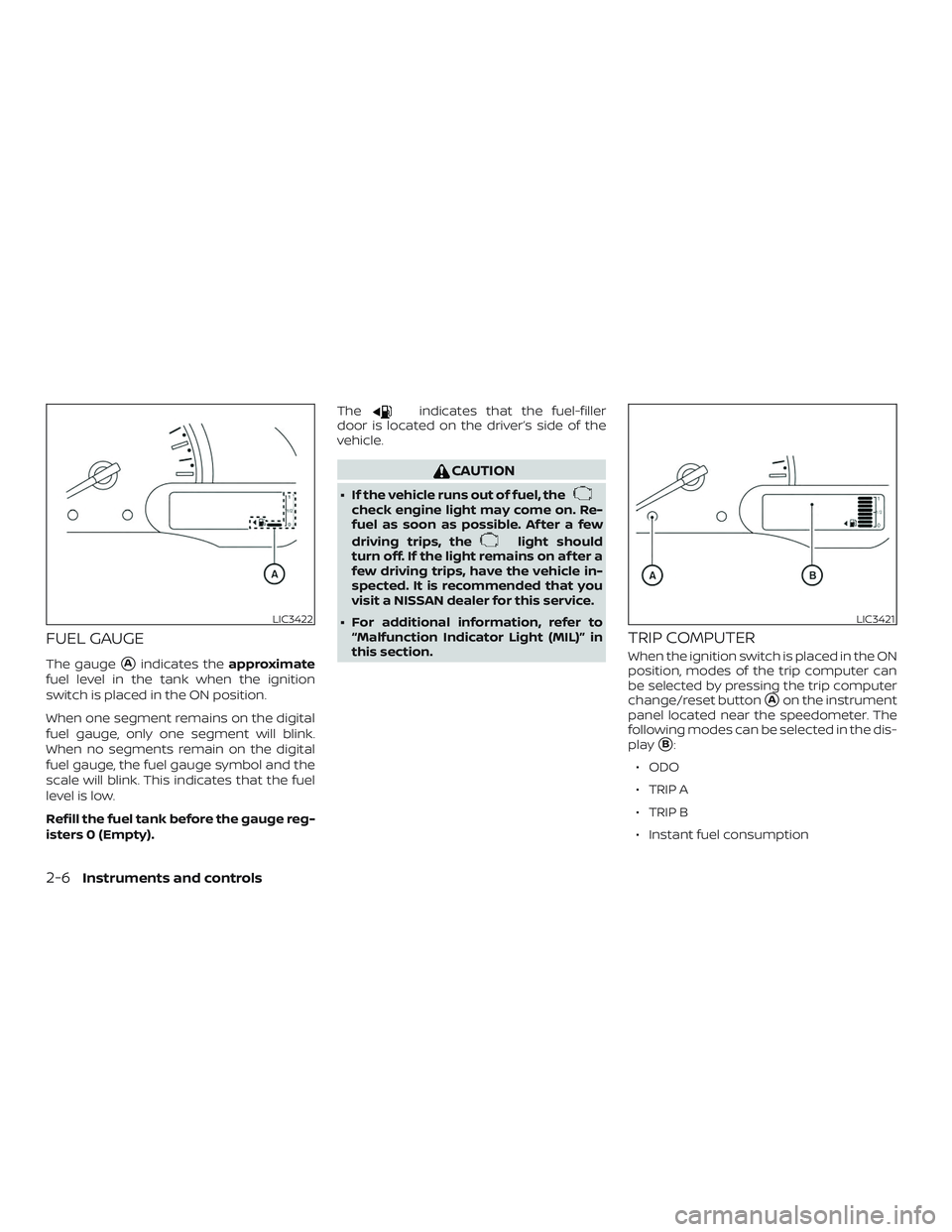 NISSAN MICRA 2023 Manual Online FUEL GAUGE
The gaugeAindicates theapproximate
fuel level in the tank when the ignition
switch is placed in the ON position.
When one segment remains on the digital
fuel gauge, only one segment will b