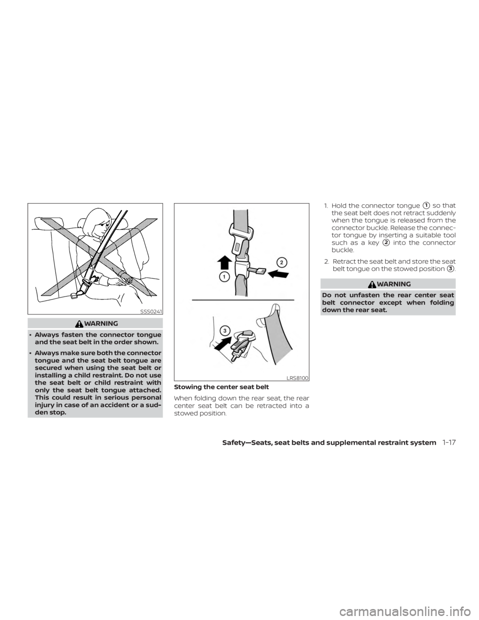 NISSAN MICRA 2022  Owners Manual WARNING
∙ Always fasten the connector tongueand the seat belt in the order shown.
∙ Always make sure both the connector tongue and the seat belt tongue are
secured when using the seat belt or
inst