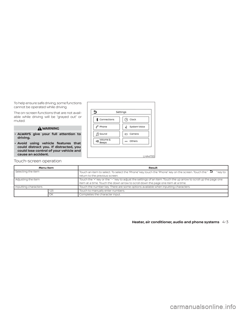 NISSAN MICRA 2020  Owners Manual To help ensure safe driving, some functions
cannot be operated while driving.
The on-screen functions that are not avail-
able while driving will be “grayed out” or
muted. 