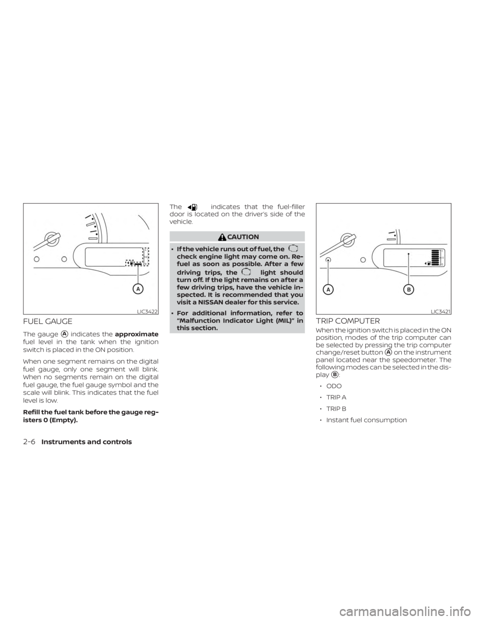 NISSAN MICRA 2020 Manual Online FUEL GAUGE
The gaugeAindicates theapproximate
fuel level in the tank when the ignition
switch is placed in the ON position.
When one segment remains on the digital
fuel gauge, only one segment will b