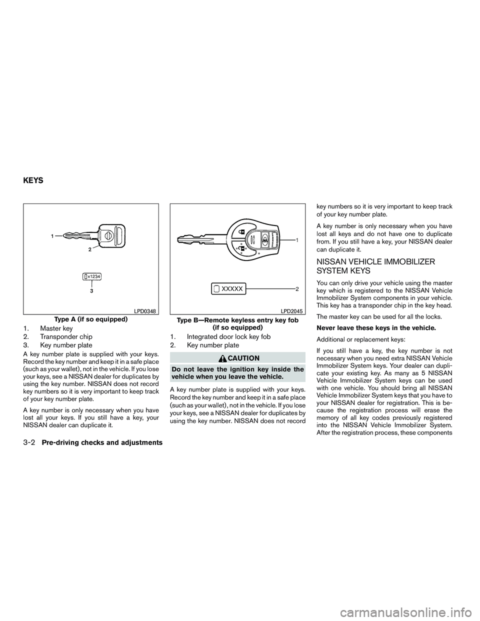 NISSAN MICRA 2012  Owners Manual 1. Master key
2. Transponder chip
3. Key number plate
A key number plate is supplied with your keys.
Record the key number and keep it in a safe place
(such as your wallet) , not in the vehicle. If yo