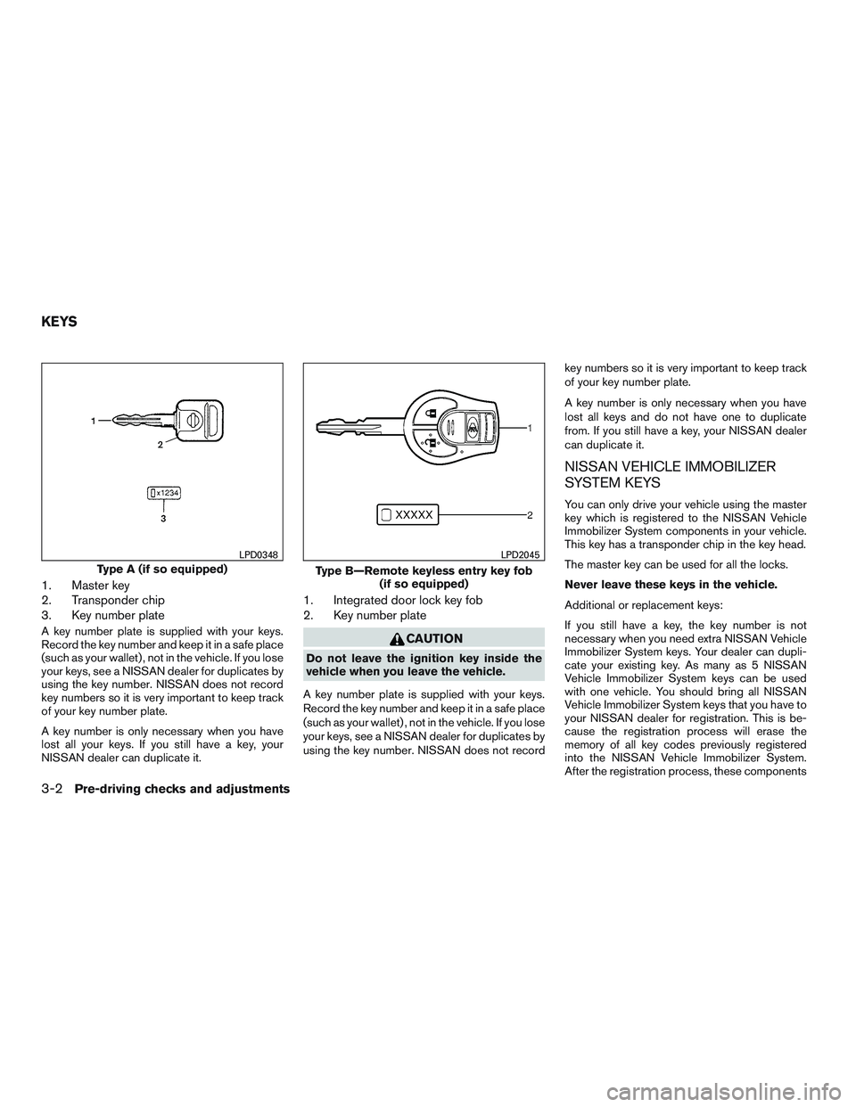 NISSAN MICRA 2011  Owners Manual 1. Master key
2. Transponder chip
3. Key number plate
A key number plate is supplied with your keys.
Record the key number and keep it in a safe place
(such as your wallet) , not in the vehicle. If yo
