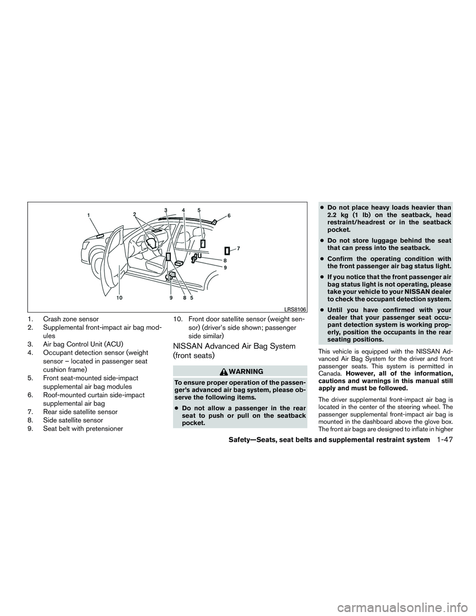 NISSAN MICRA 2011 Repair Manual 1. Crash zone sensor
2. Supplemental front-impact air bag mod-ules
3. Air bag Control Unit (ACU)
4. Occupant detection sensor (weight
sensor – located in passenger seat
cushion frame)
5. Front seat-