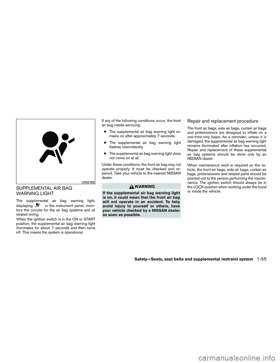 NISSAN MICRA 2011 Manual PDF SUPPLEMENTAL AIR BAG
WARNING LIGHT
The supplemental air bag warning light,
displaying 
