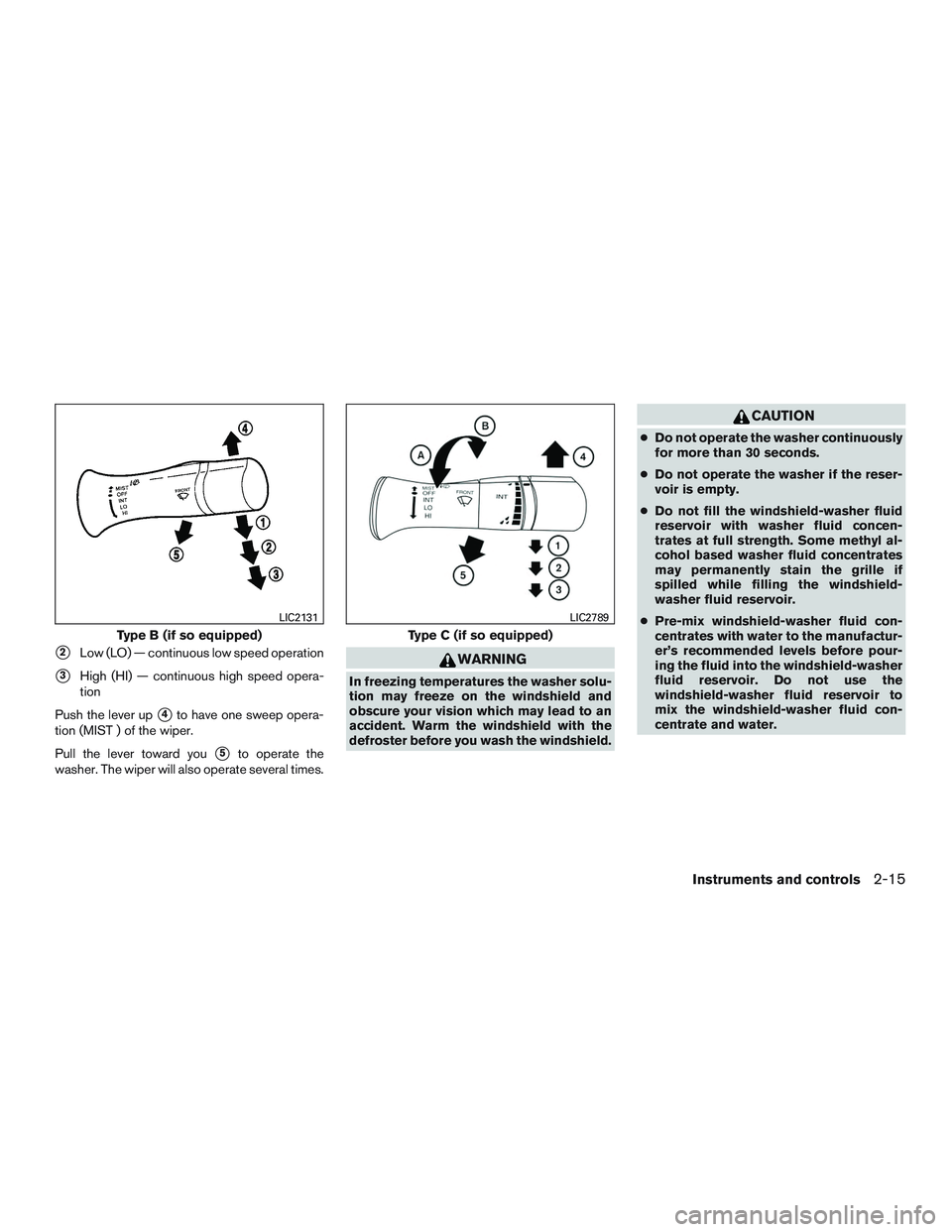 NISSAN MICRA 2011 Manual Online 2Low (LO) — continuous low speed operation
3High (HI) — continuous high speed opera-
tion
Push the lever up
4to have one sweep opera-
tion (MIST ) of the wiper.
Pull the lever toward you
5to o