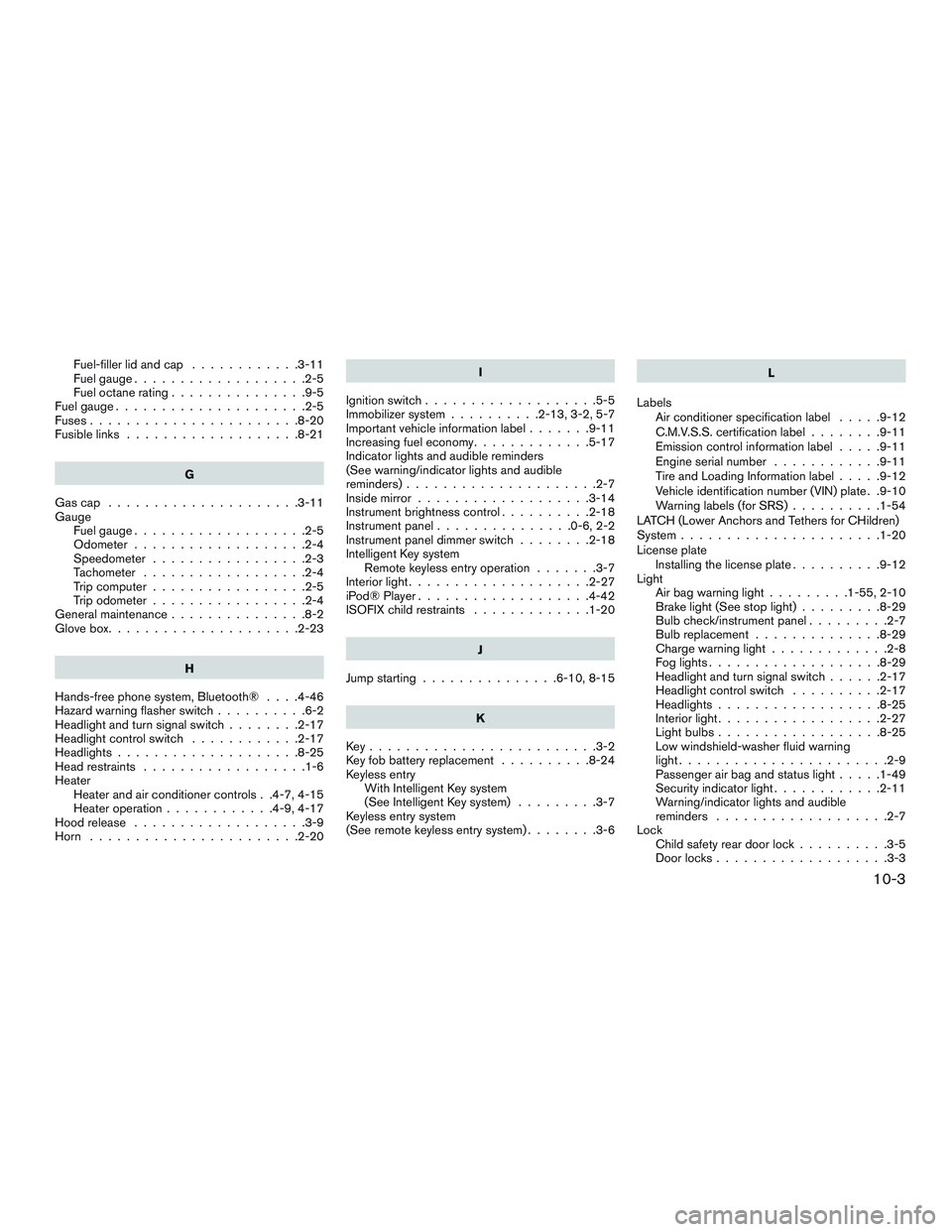 NISSAN MICRA 2010  Owners Manual Fuel-filler lid and cap............3-11
Fuel gauge ...................2-5
Fuel octane rating ...............9-5
Fuel gauge .....................2-5
Fuses.......................8-20
Fusible links .....