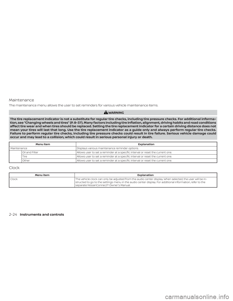 NISSAN MURANO 2023 Owners Manual Maintenance
The maintenance menu allows the user to set reminders for various vehicle maintenance items.
WARNING
The tire replacement indicator is not a substitute for regular tire checks, including t NISSAN MURANO 2023 Owners Manual Maintenance
The maintenance menu allows the user to set reminders for various vehicle maintenance items.
WARNING
The tire replacement indicator is not a substitute for regular tire checks, including t