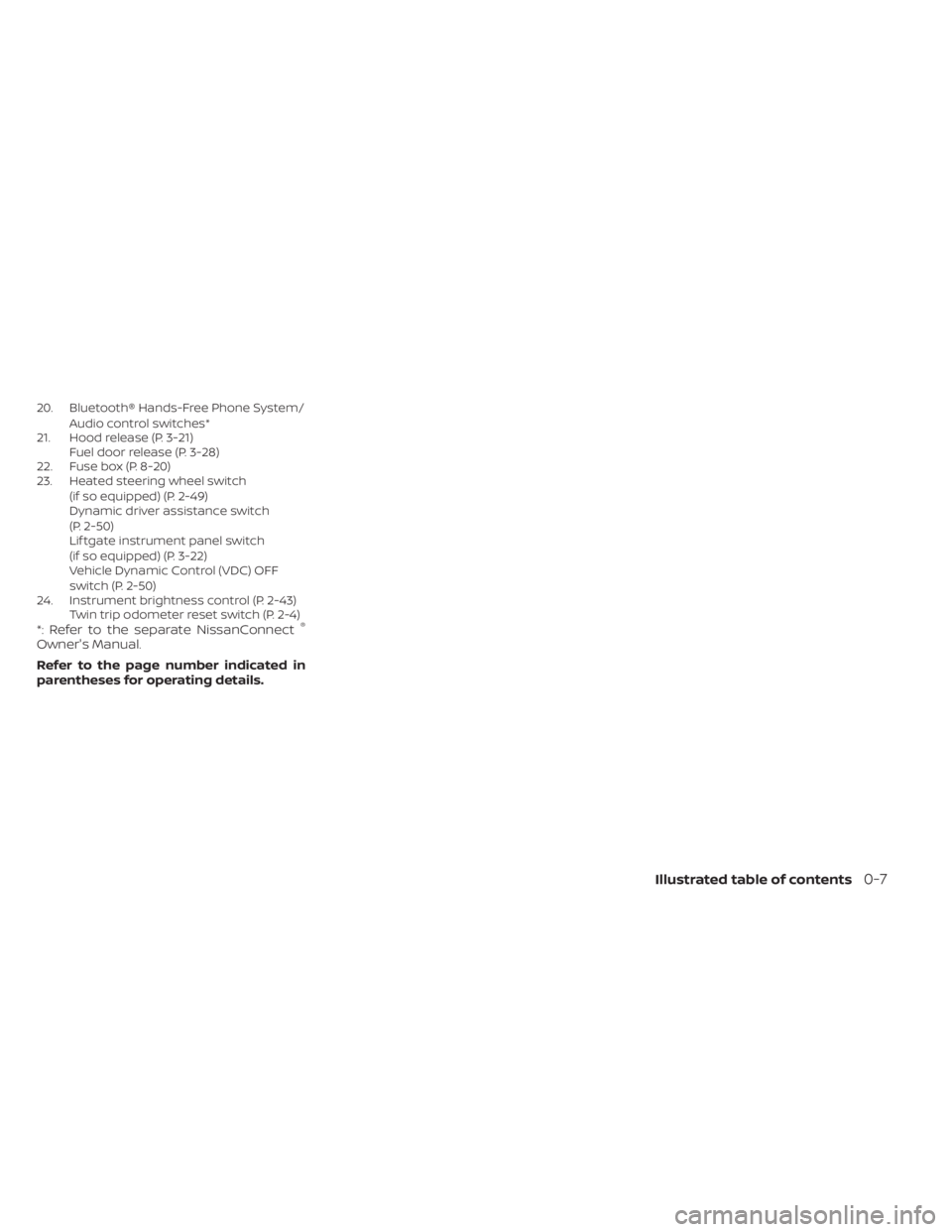 NISSAN MURANO 2023  Owners Manual 20. Bluetooth® Hands-Free Phone System/Audio control switches*
21. Hood release (P. 3-21) Fuel door release (P. 3-28)
22. Fuse box (P. 8-20)
23. Heated steering wheel switch
(if so equipped) (P. 2-49