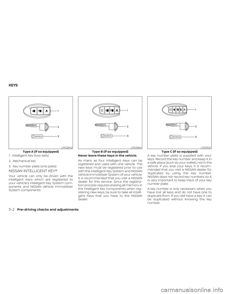 NISSAN MURANO 2023  Owners Manual NISSAN INTELLIGENT KEY®
Your vehicle can only be driven with the
Intelligent Keys which are registered to
your vehicle’s Intelligent Key System com-
ponents and NISSAN Vehicle Immobilizer
System co