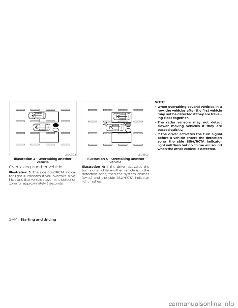 NISSAN MURANO 2023  Owners Manual Overtaking another vehicle
Illustration 3:The side BSW/RCTA indica-
tor light illuminates if you overtake a ve-
hicle and that vehicle stays in the detection
zone for approximately 2 seconds. Illustra