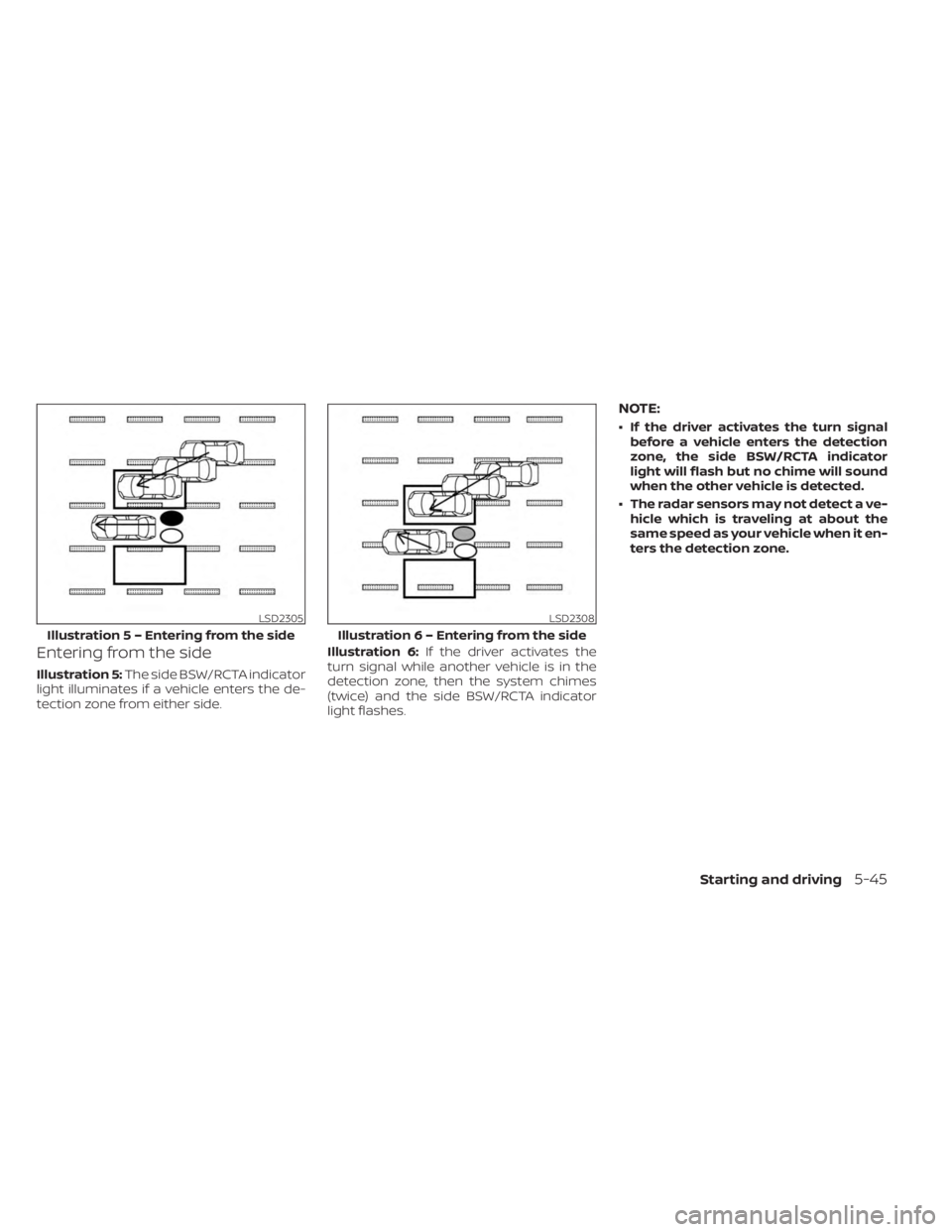 NISSAN MURANO 2023  Owners Manual Entering from the side
Illustration 5:The side BSW/RCTA indicator
light illuminates if a vehicle enters the de-
tection zone from either side. Illustration 6:
If the driver activates the
turn signal w