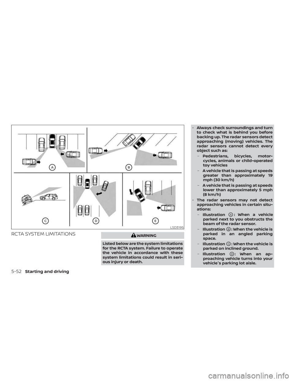 NISSAN MURANO 2023  Owners Manual RCTA SYSTEM LIMITATIONSWARNING
Listed below are the system limitations
for the RCTA system. Failure to operate
the vehicle in accordance with these
system limitations could result in seri-
ous injury 