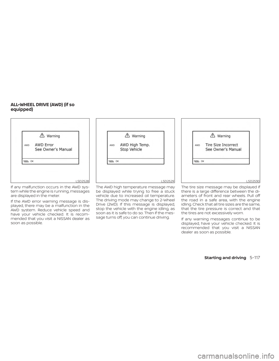 NISSAN MURANO 2023  Owners Manual If any malfunction occurs in the AWD sys-
tem while the engine is running, messages
are displayed in the meter.
If the AWD error warning message is dis-
played, there may be a malfunction in the
AWD s