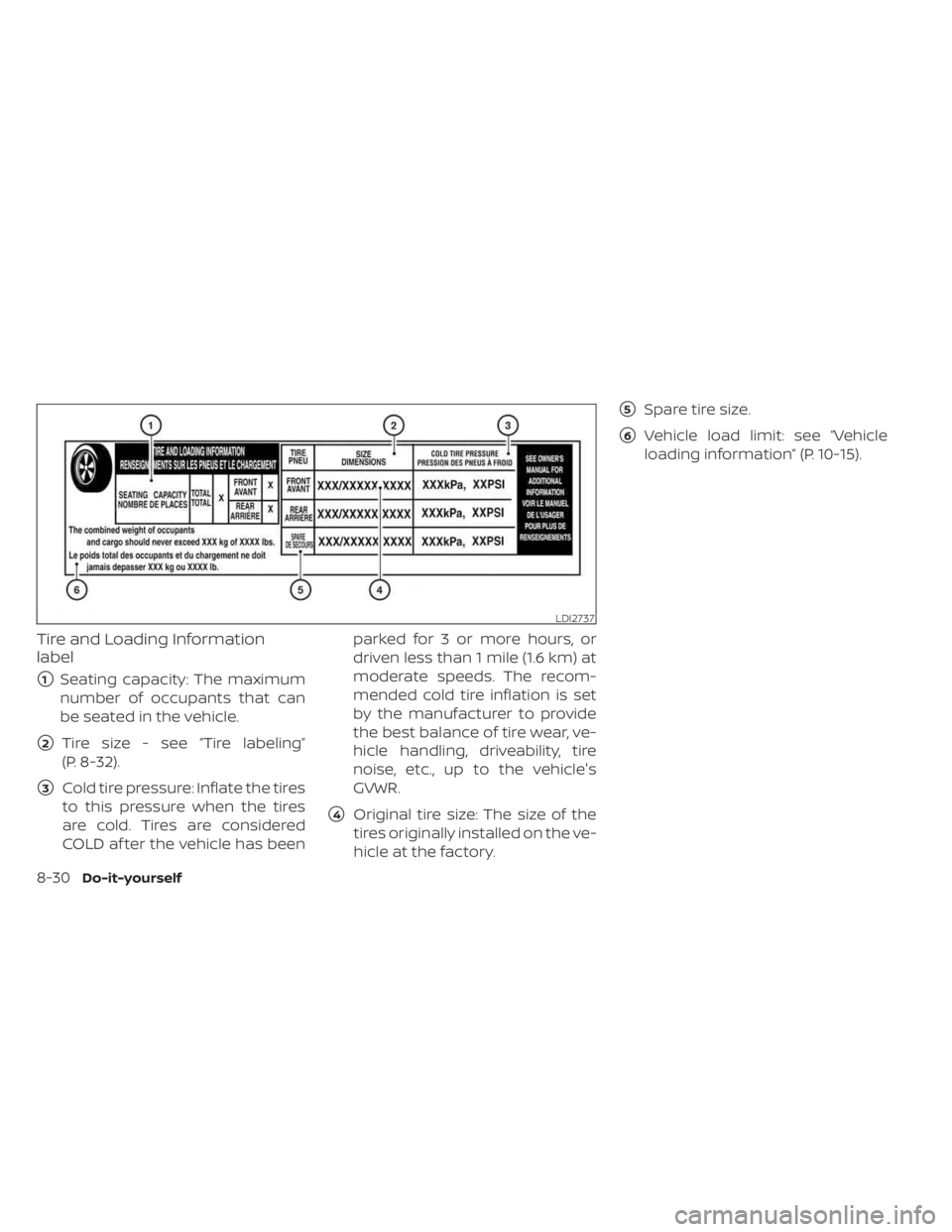 NISSAN MURANO 2023  Owners Manual Tire and Loading Information
label
1Seating capacity: The maximum
number of occupants that can
be seated in the vehicle.
2Tire size - see “Tire labeling”
(P. 8-32).
3Cold tire pressure: Inflate