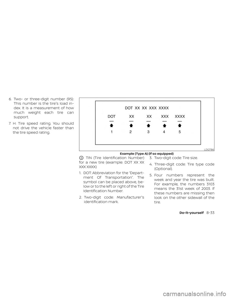 NISSAN MURANO 2023  Owners Manual 6. Two- or three-digit number (95):This number is the tire's load in-
dex. It is a measurement of how
much weight each tire can
support.
7. H: Tire speed rating. You should not drive the vehicle f