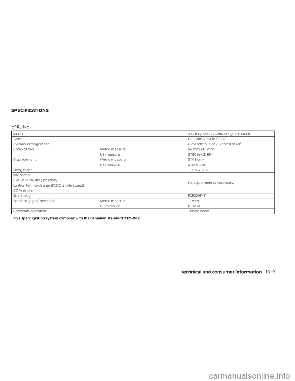 NISSAN MURANO 2023  Owners Manual ENGINE
Model3.5L 6 cylinder (VQ35DE engine model)
Type Gasoline, 4-cycle, DOHC
Cylinder arrangement 6-cylinder, V-block, Slanted at 60°
Bore x Stroke Metric measure 96 mm x 81 mm
US measure 3.780 in 