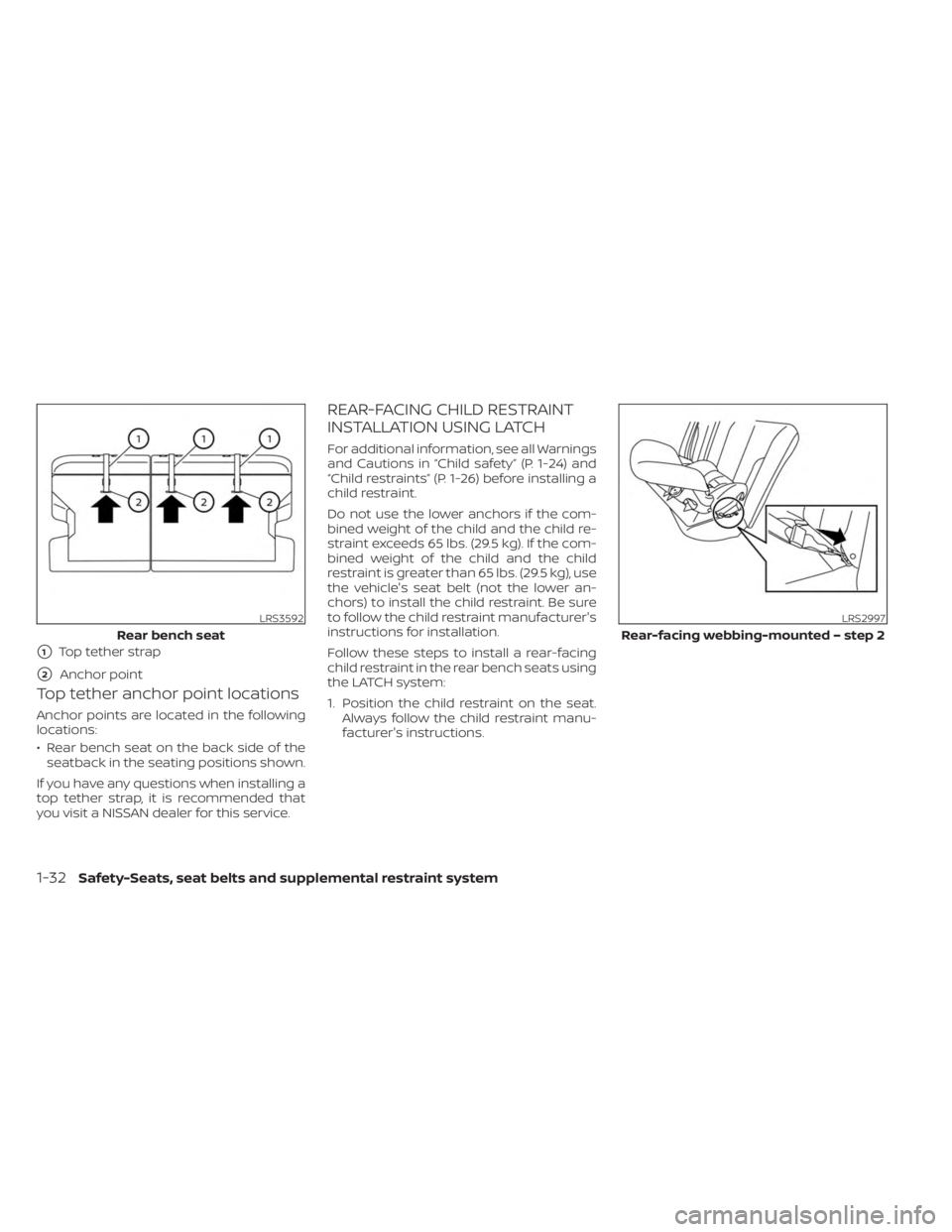 NISSAN MURANO 2023 Workshop Manual Top tether anchor point locations
Anchor points are located in the following
locations:
• Rear bench seat on the back side of theseatback in the seating positions shown.
If you have any questions wh NISSAN MURANO 2023 Workshop Manual Top tether anchor point locations
Anchor points are located in the following
locations:
• Rear bench seat on the back side of theseatback in the seating positions shown.
If you have any questions wh