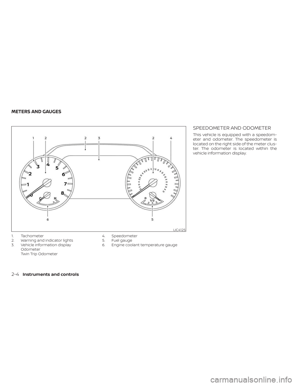 NISSAN MURANO 2023  Owners Manual 1. Tachometer
2. Warning and indicator lights
3. Vehicle information displayOdometer
Twin Trip Odometer 4. Speedometer
5. Fuel gauge
6. Engine coolant temperature gauge
SPEEDOMETER AND ODOMETER
This v